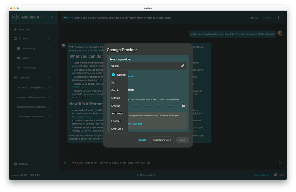 Askimo AI chat interface showing seamless model switching between OpenAI GPT-4, Anthropic Claude, Google Gemini, and Ollama local models in one unified workspace