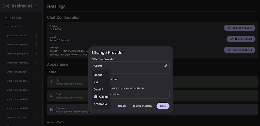 Switching AI providers in Askimo Desktop