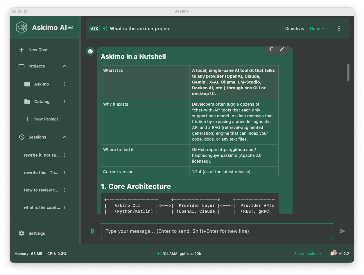 Askimo RAG feature showing context-aware conversations with local Ollama models using project files