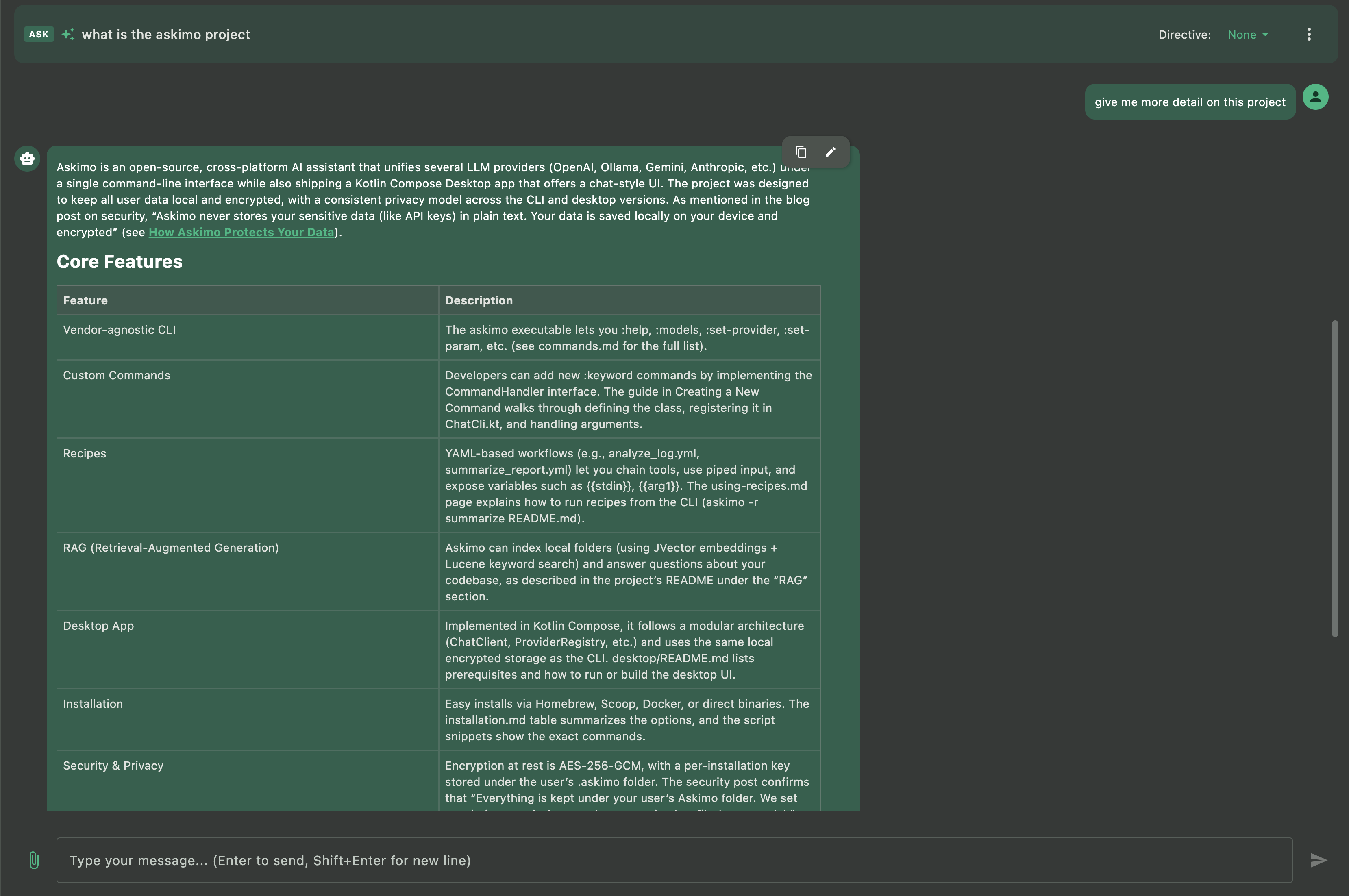 Askimo RAG feature showing context-aware conversations with Docker Model Runner using project files