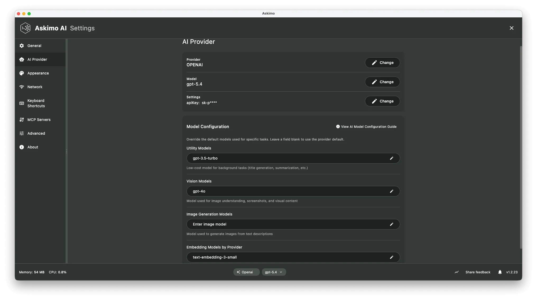 The Model Configuration card in Askimo's AI Providers settings, showing editable fields for utility model, vision model, image model, and embedding model for the selected provider.