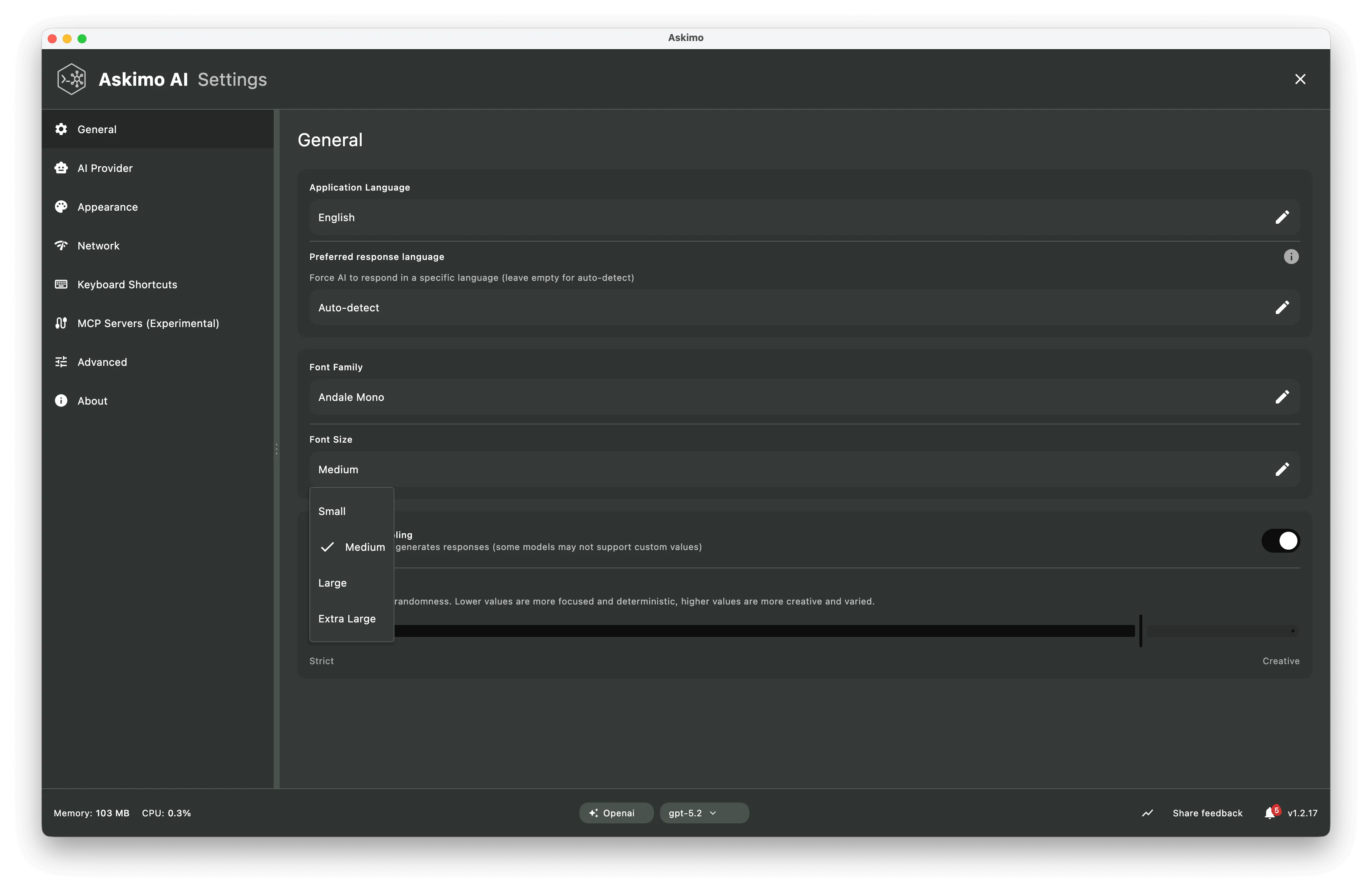 Askimo desktop app font customization settings showing font family and size options