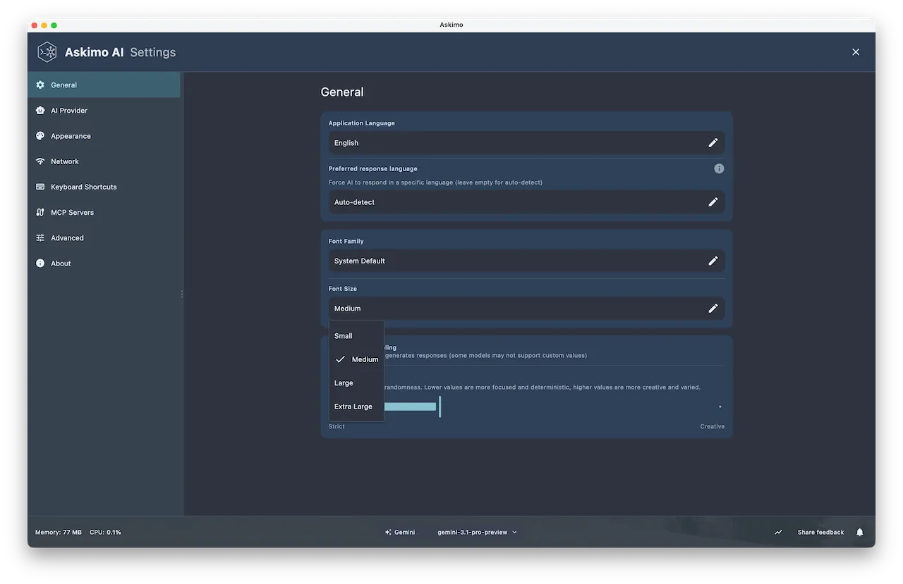 Askimo desktop app font customization settings showing font family and size options