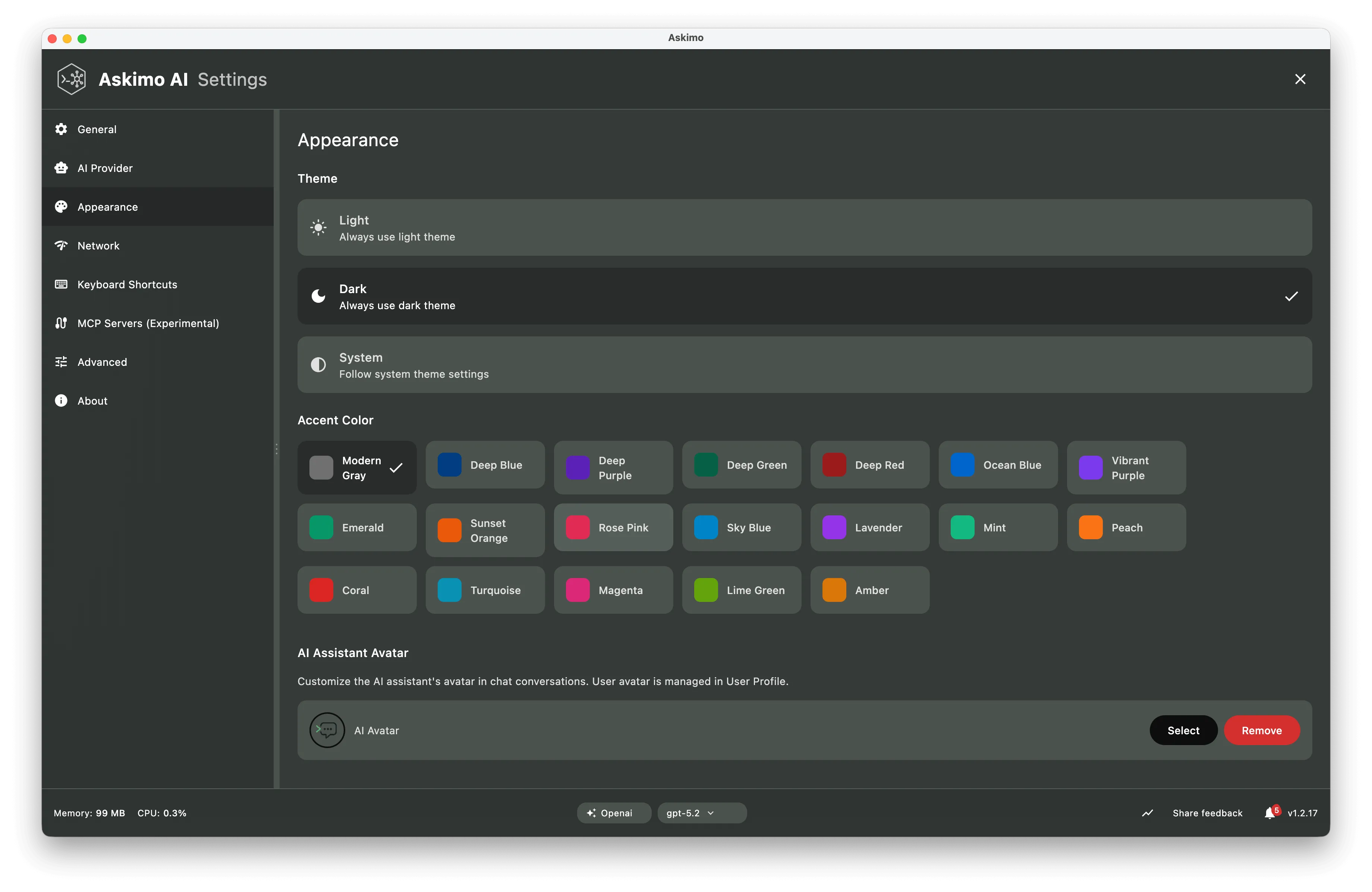 Askimo desktop app theme selection interface showing light, dark, auto, and custom theme options