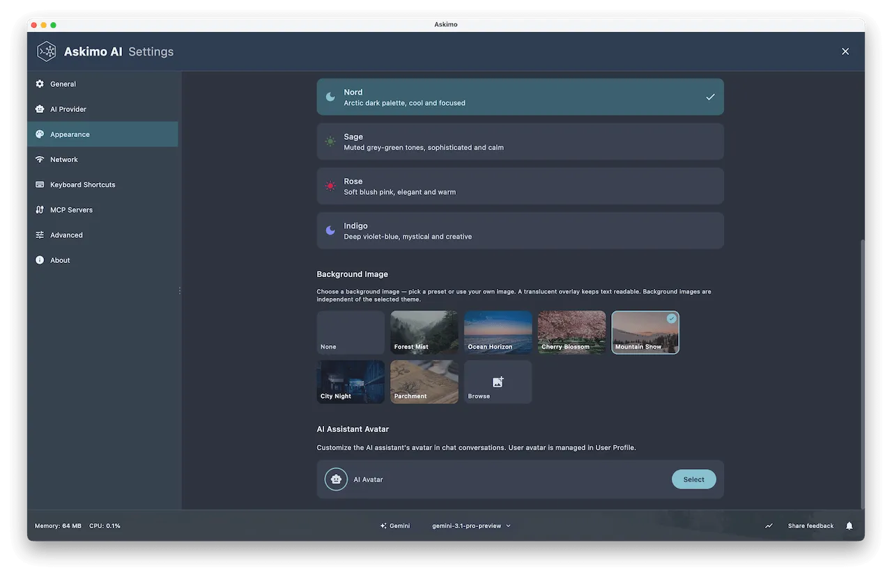 Askimo desktop app theme selection interface showing light, dark, auto, and custom theme options