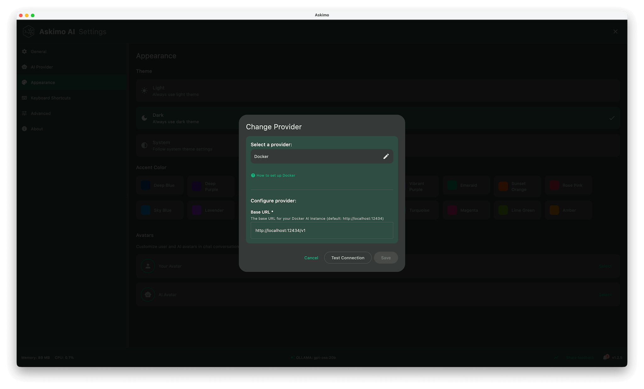 Askimo App provider settings showing Docker Model Runner endpoint configuration