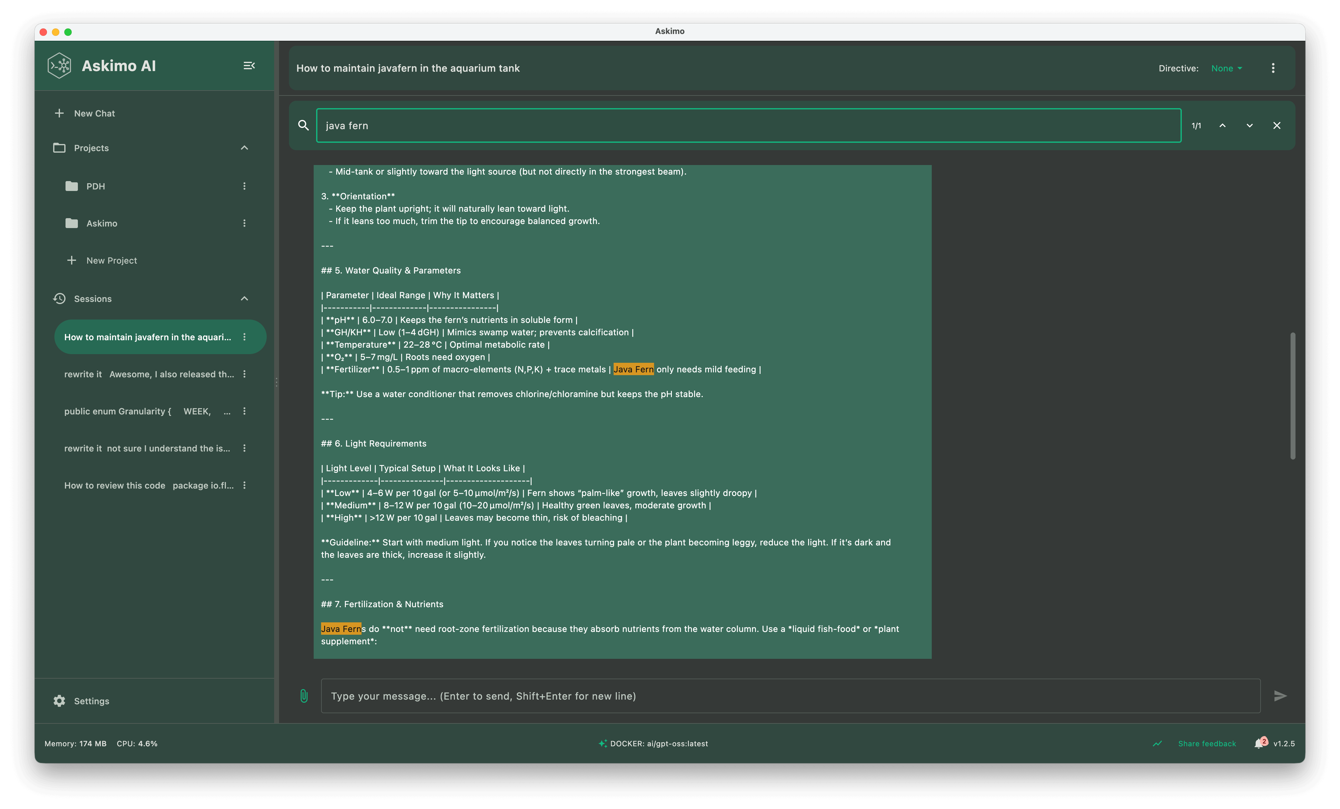 Askimo App showing starred and pinned Docker Model Runner conversations for easy organization