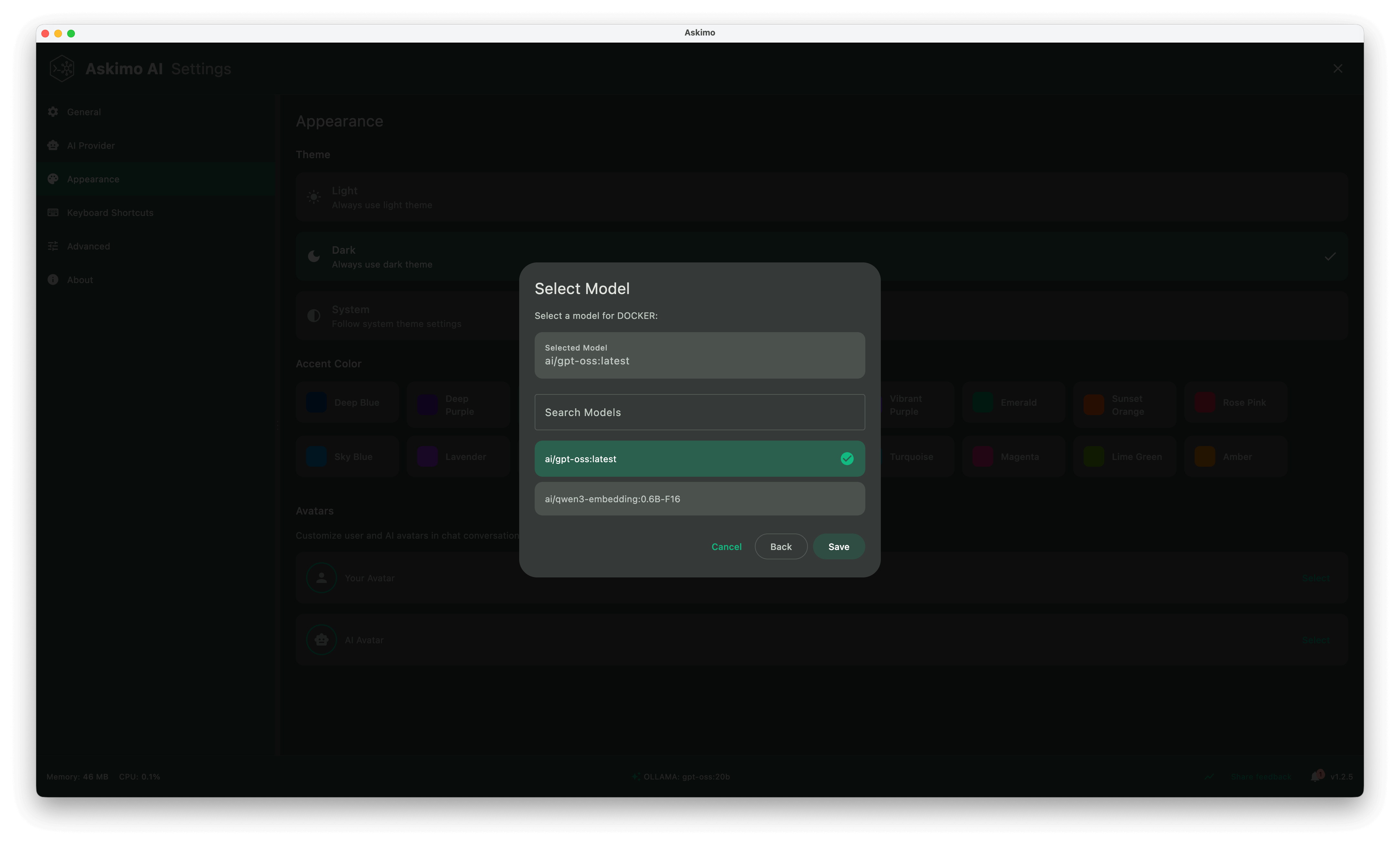 Askimo Docker Model Runner model selector showing available local AI models