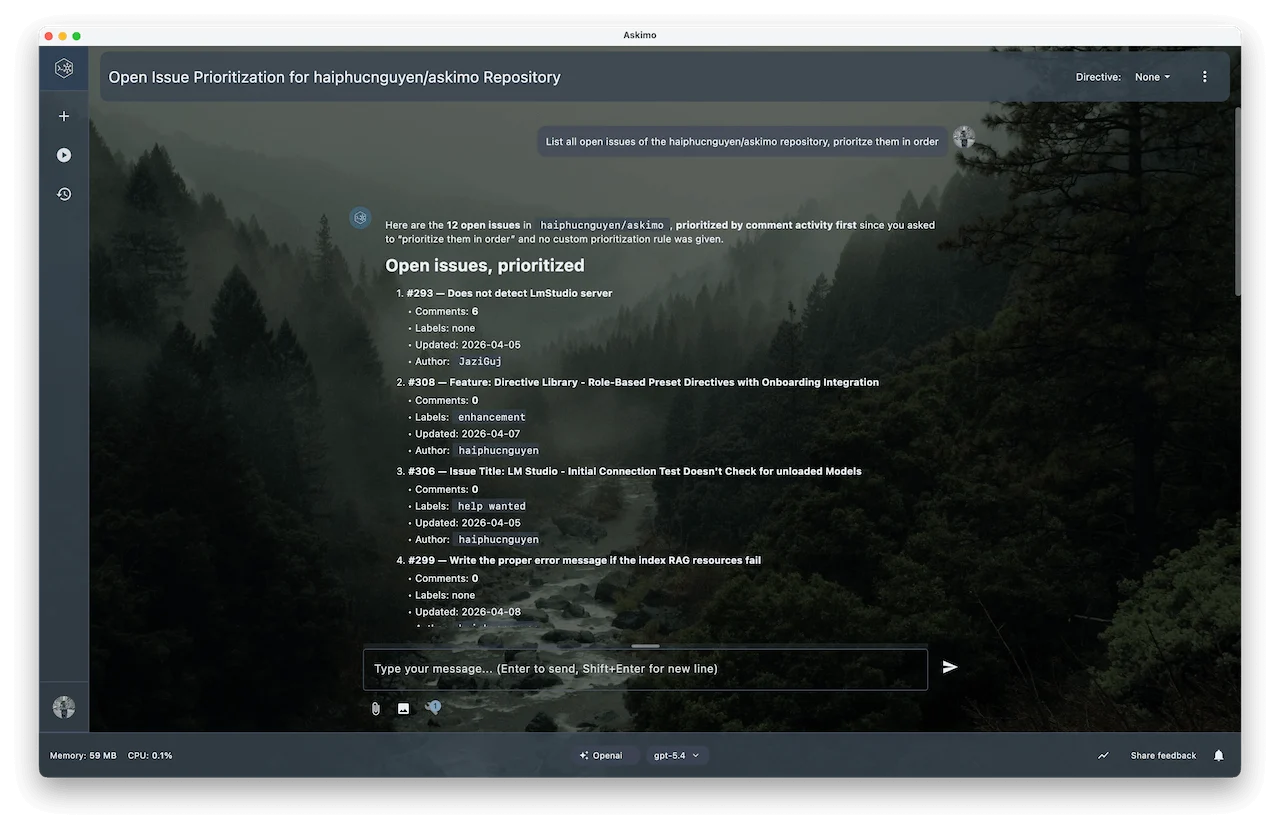 Askimo Desktop chat showing AI querying GitHub repositories via MCP, listing open pull requests with summaries using the GitHub Copilot MCP server