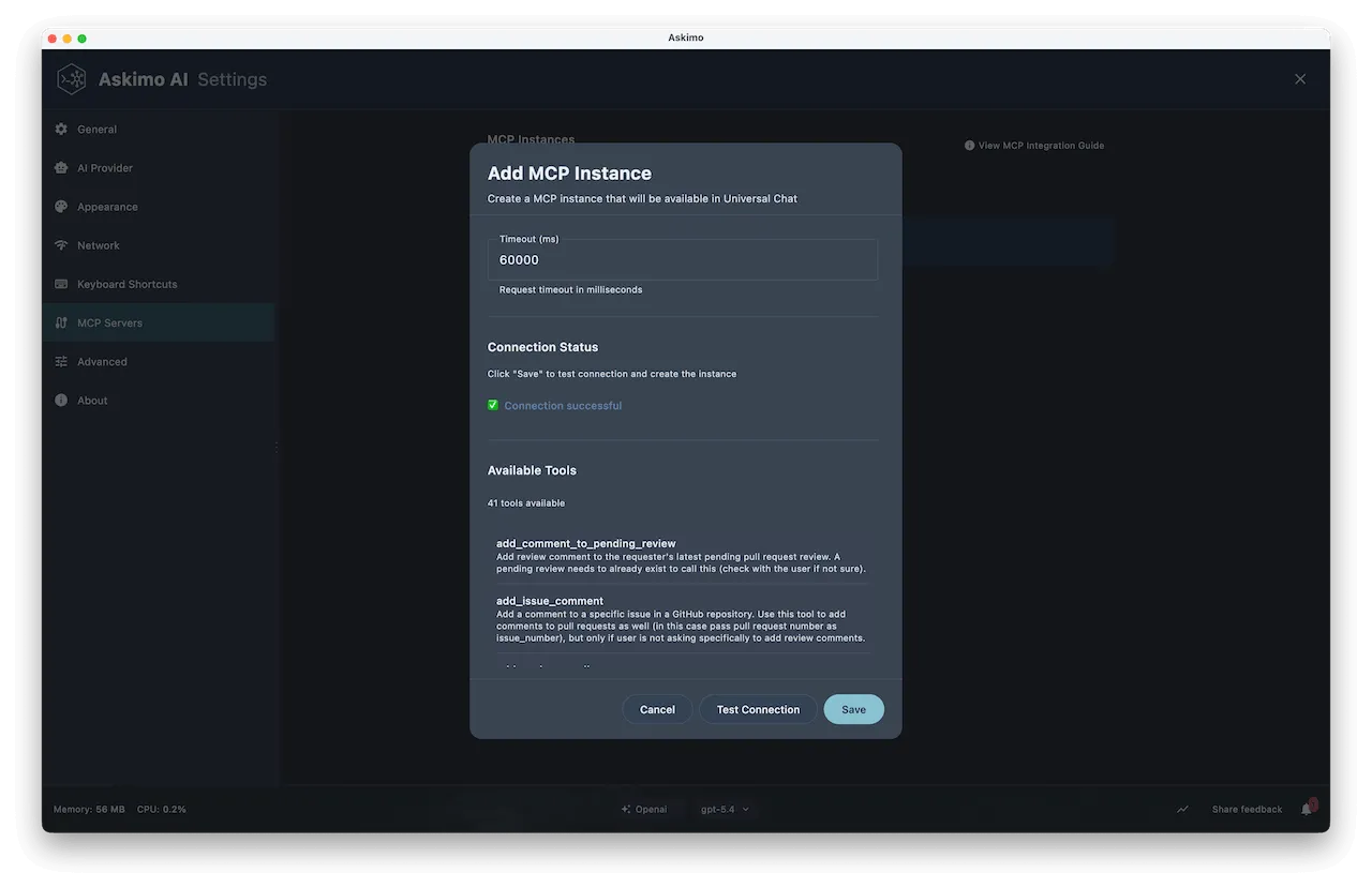 The Add MCP Instance dialog showing instance name, description, transport type tabs, configuration fields, and a list of discovered tools after a successful connection test.