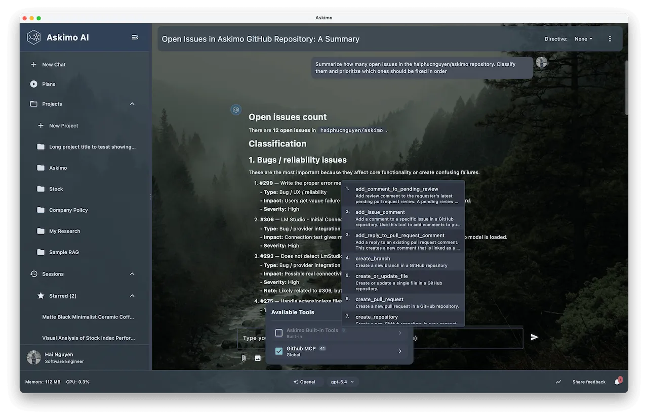 The Tools selector panel in the chat input bar showing MCP instances and built-in Askimo tools, each with a toggle to enable or disable them for the current conversation.