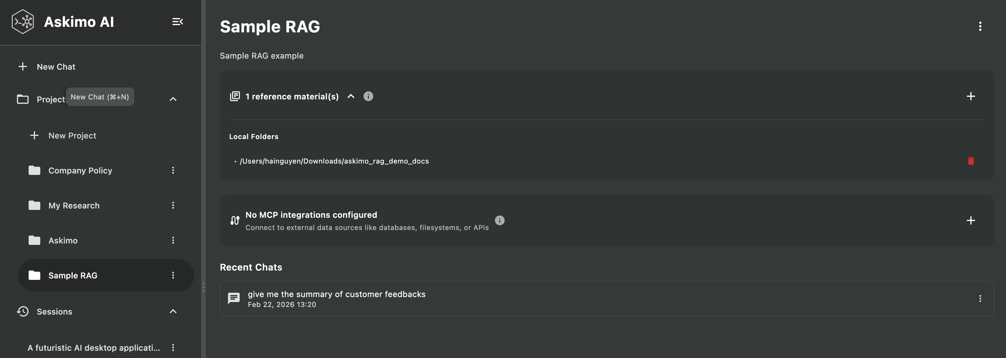 Askimo sidebar showing multiple RAG projects organized by topic — Work Documents, Personal Research, Academic Work, and Creative Projects