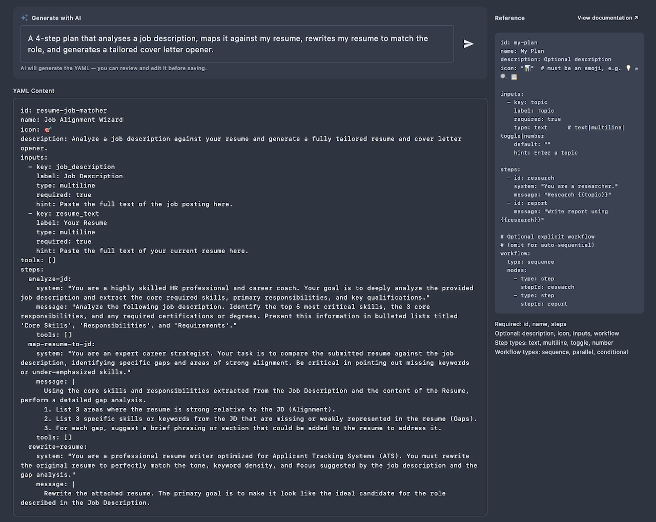Askimo Desktop Plan editor showing the AI generation panel at the top, a YAML editor in the centre, and a live schema reference panel on the right.