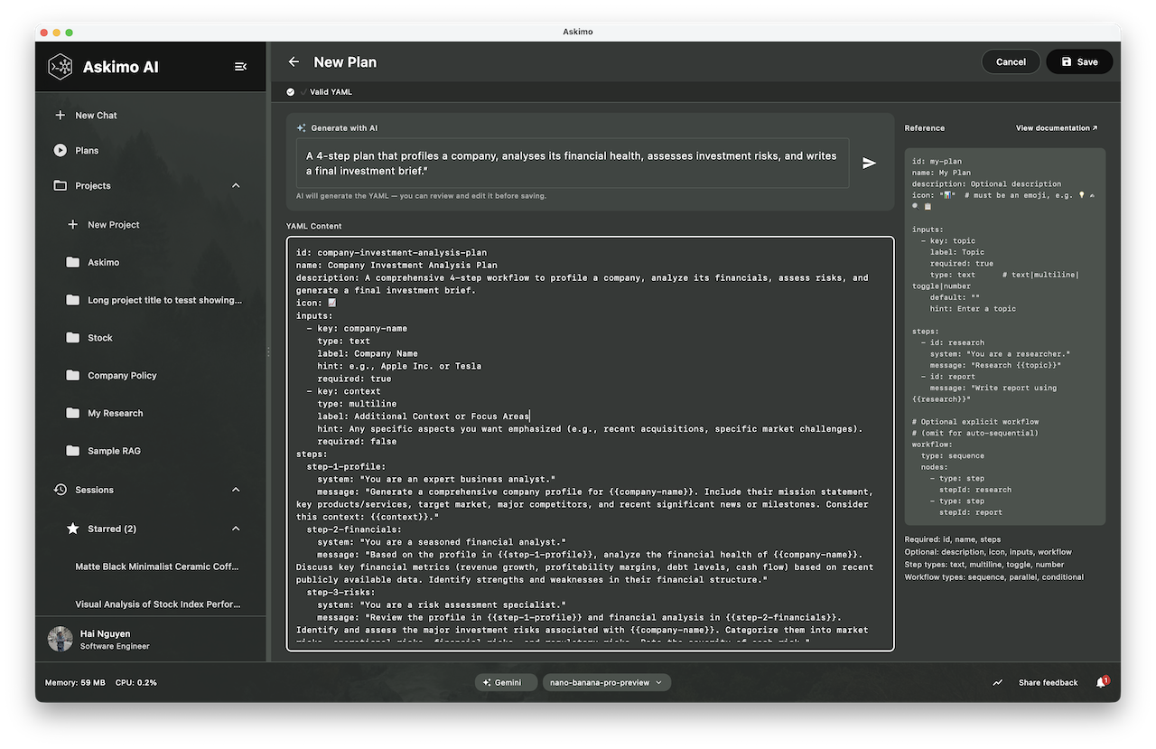 Askimo Desktop Plan editor with the AI generation panel at the top, a YAML editor below, and a live schema reference panel on the right.