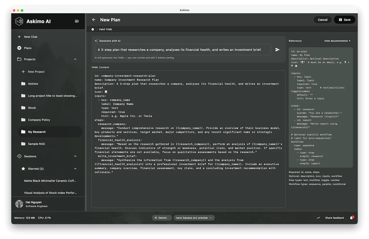 Askimo Desktop Plan editor with the AI generation panel at the top, a YAML editor below, and a live schema reference panel on the right.