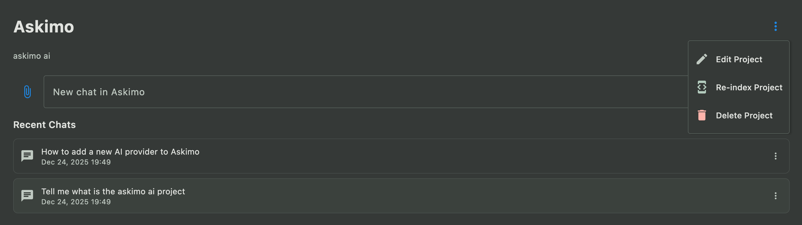 Askimo project session management showing multiple parallel chat conversations with shared knowledge base context
