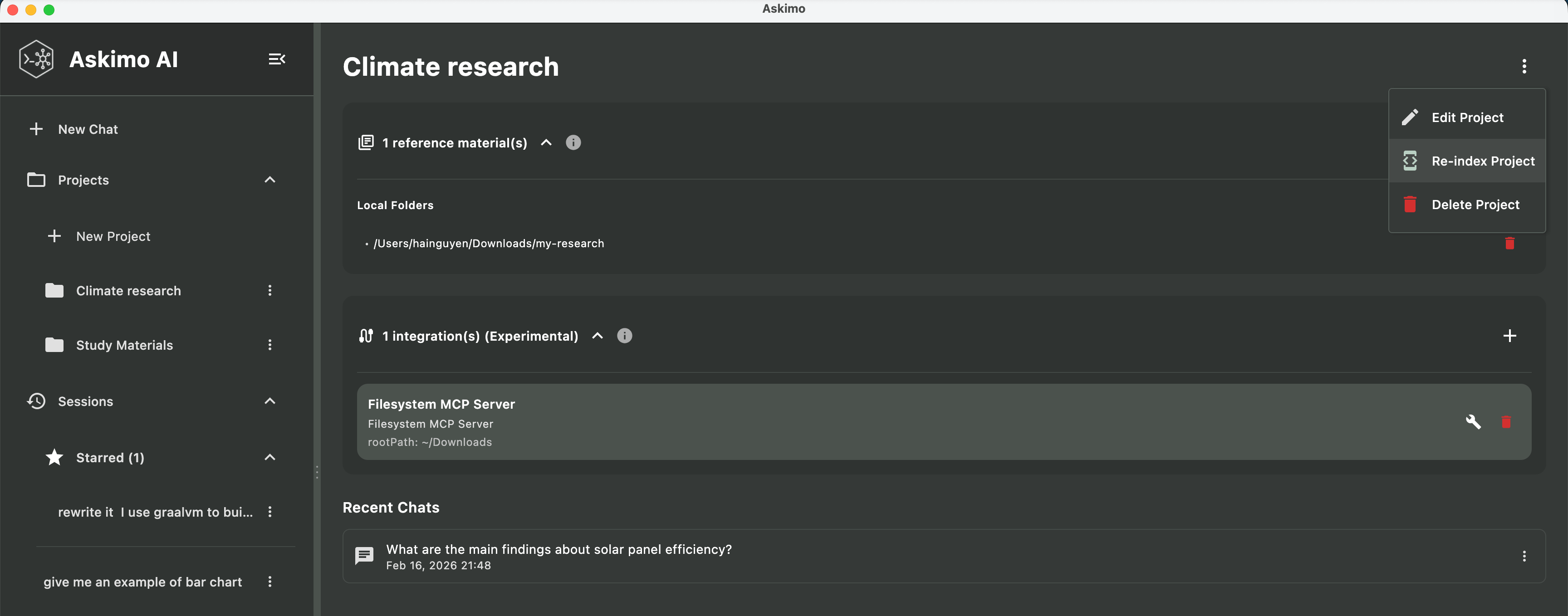 Askimo project settings showing the Re-index Project button to trigger manual re-indexing of documents