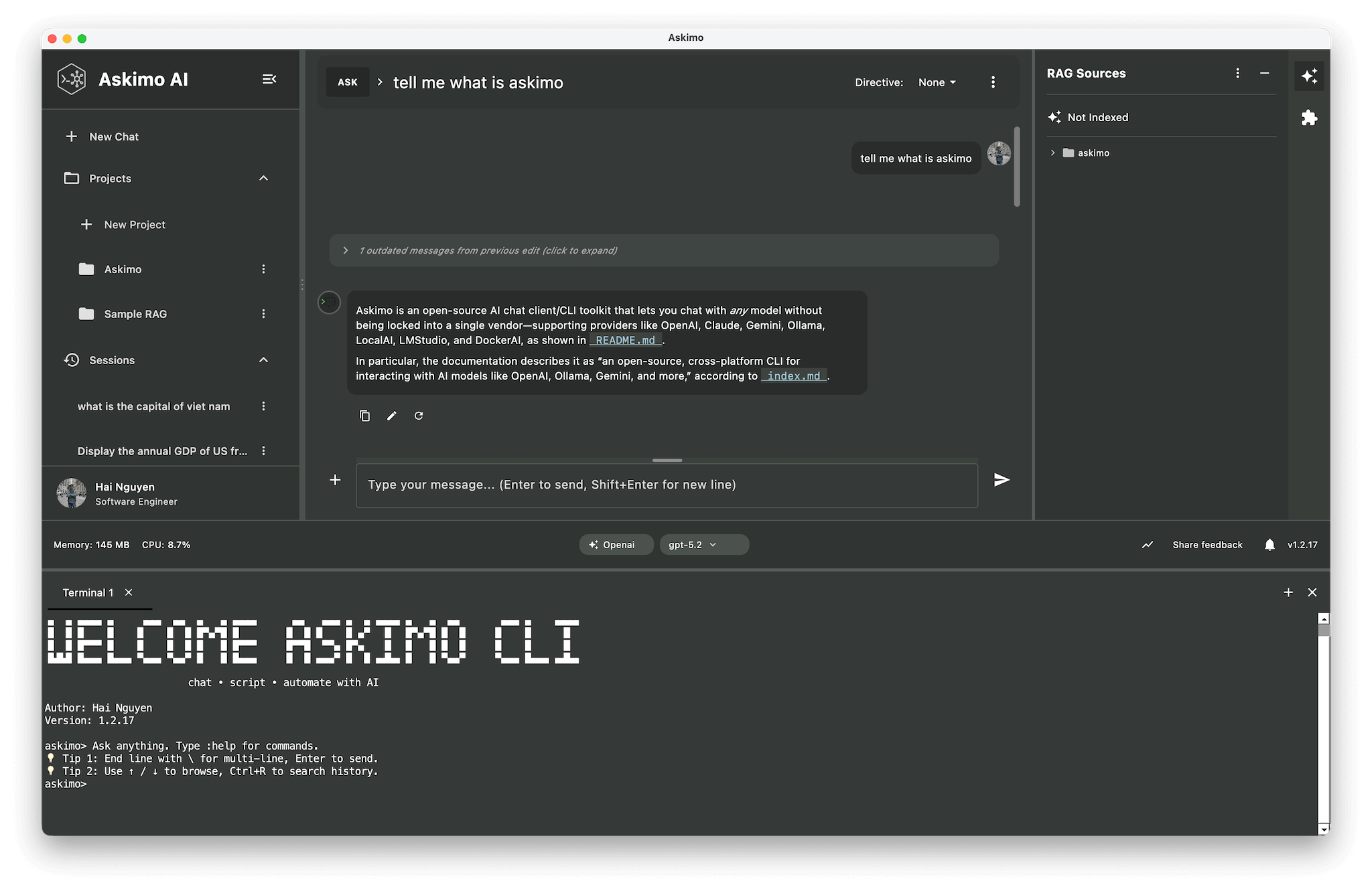 Askimo built-in terminal emulator running AI-generated commands inside the desktop app