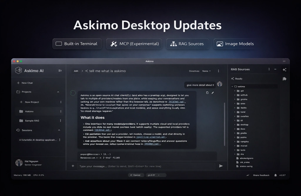 Askimo Desktop Updates with built-in terminal, MCP integration, RAG sources tree, and image model support
