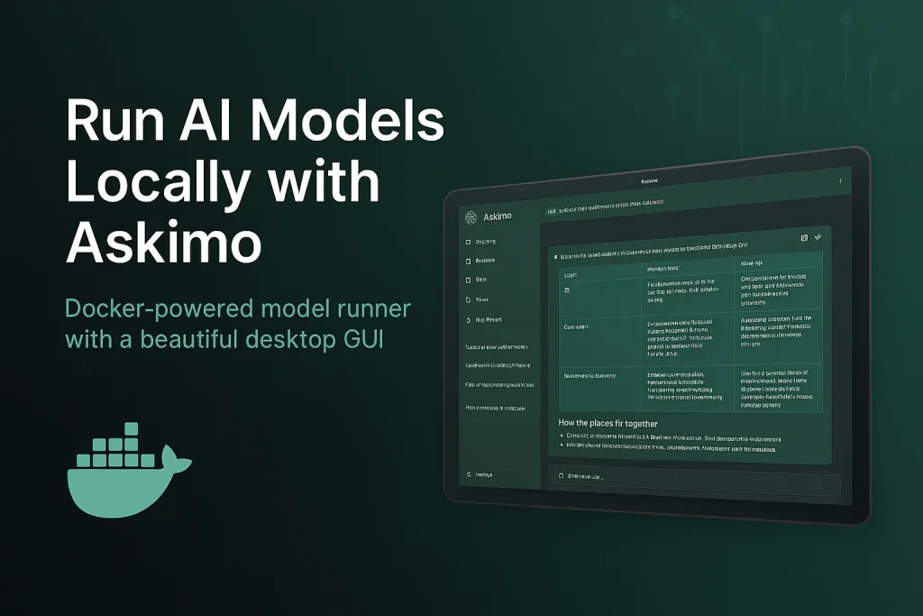 Askimo Docker Model Runner desktop GUI showing local AI chat with Docker AI models on macOS