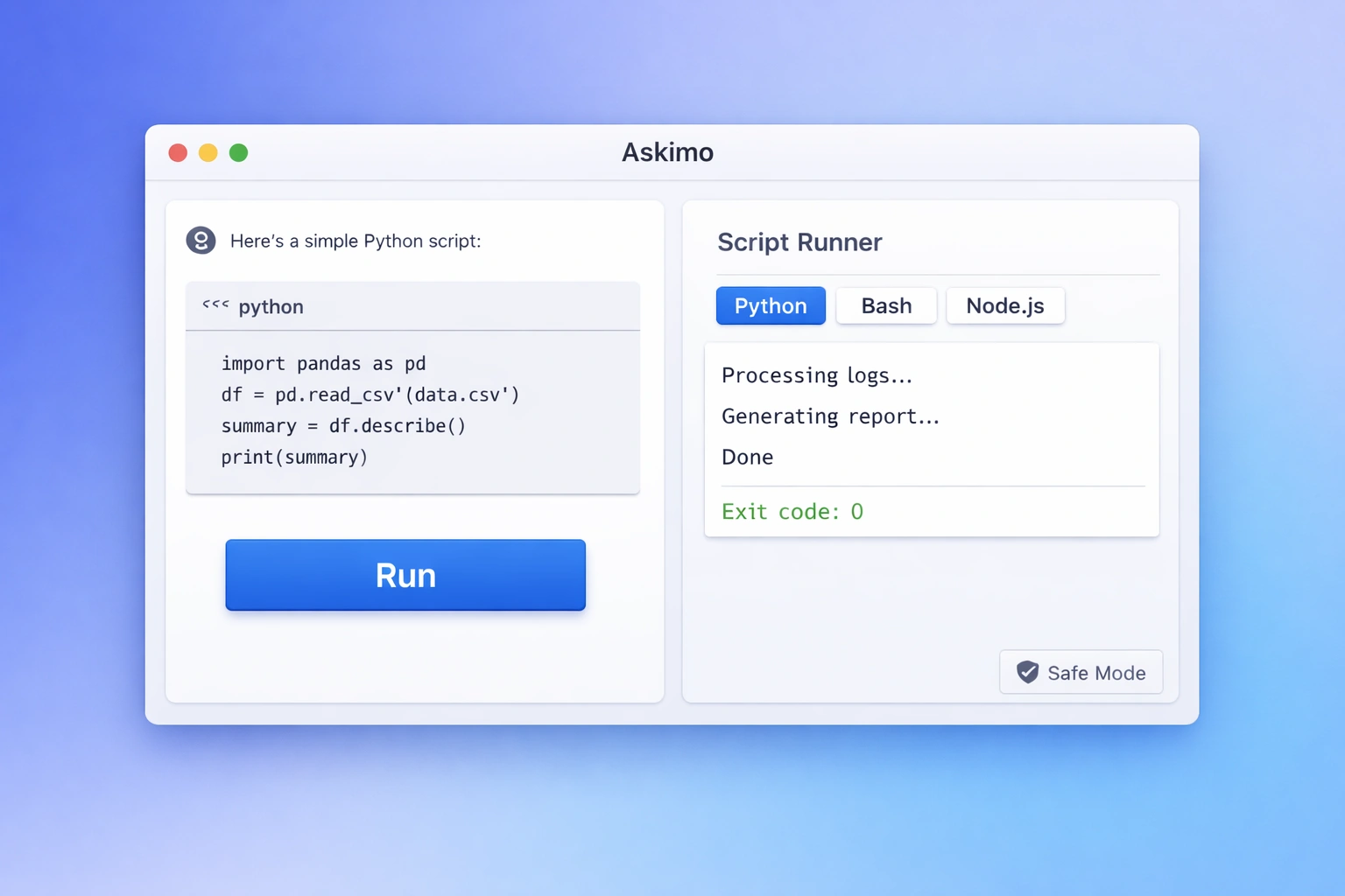 Askimo desktop app running scripts (Python, Bash, Node.js) directly from chat