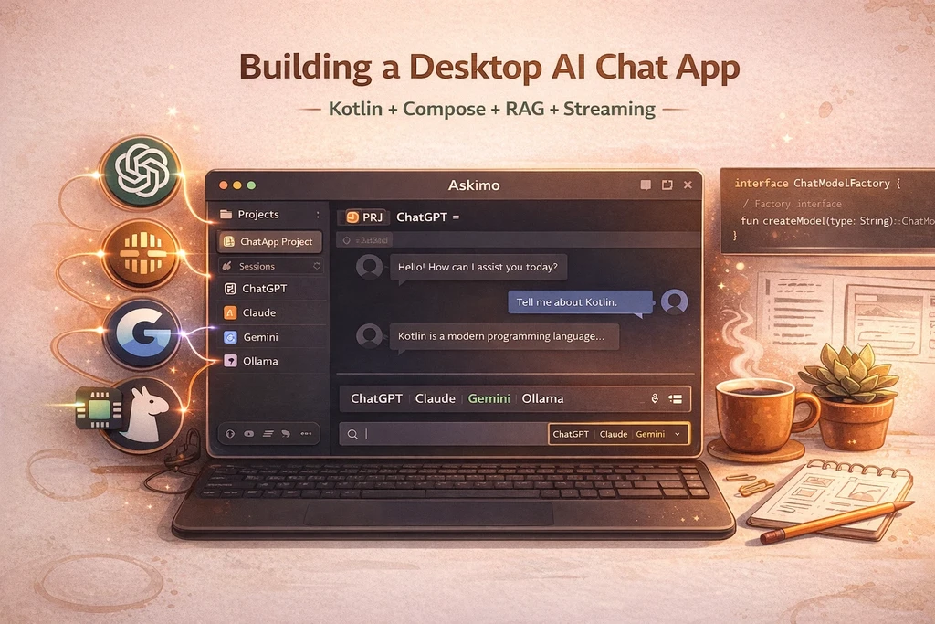 Askimo desktop app interface showing ChatGPT, Claude, Gemini, and Ollama conversations in one application