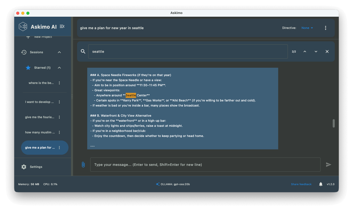 Askimo App AI chat application - Full-Text Chat Search feature screenshot showing Search across all your AI conversations instantly. Find past discussions with ChatGPT, Claude, or Ge