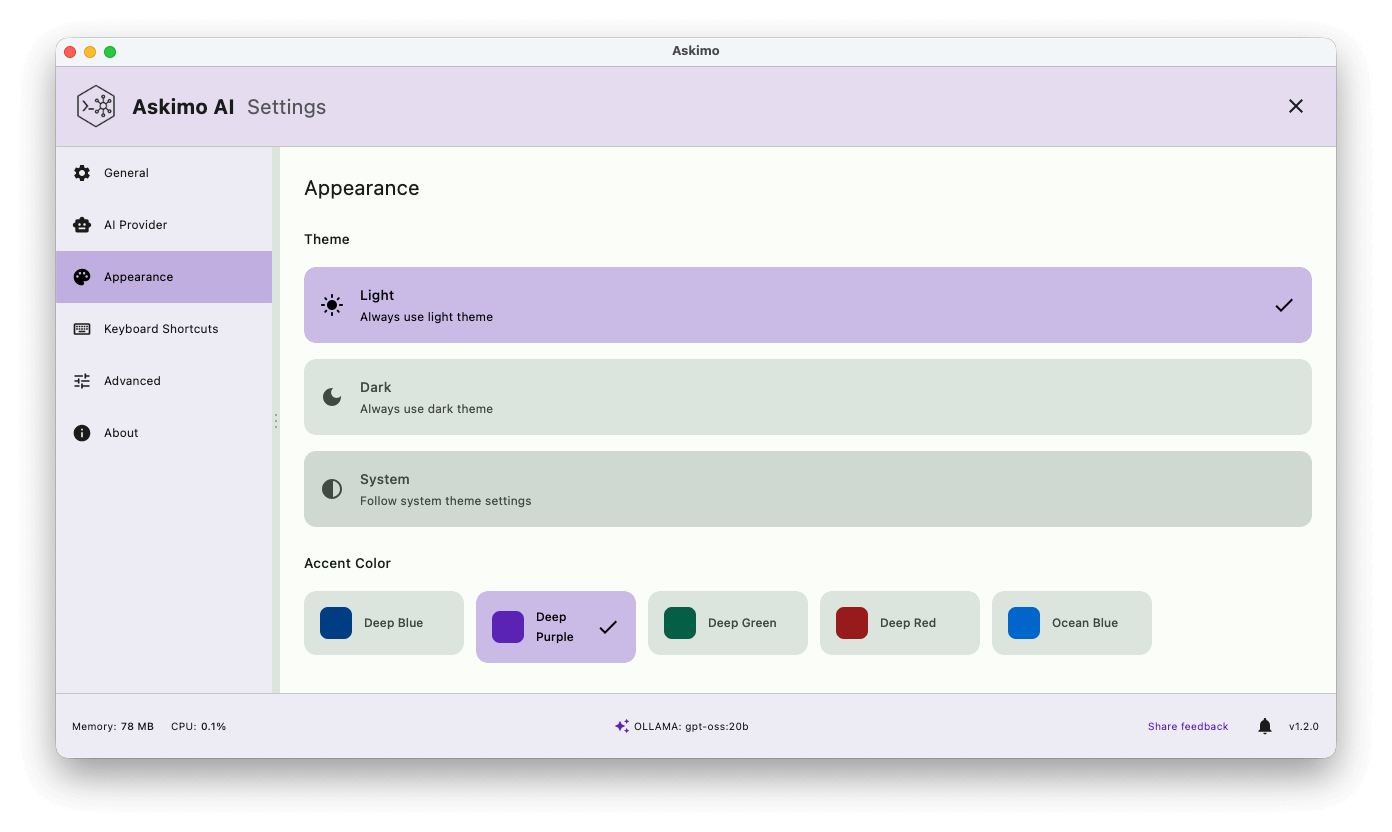 Askimo App AI chat application - Complete Visual Customization feature screenshot showing Personalize every aspect of your Askimo workspace. Choose from multiple beautiful themes with light 